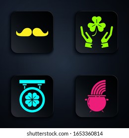 Set Witch cauldron and rainbow, Mustache, Street signboard with four leaf clover and Human hands holding four leaf clover. Black square button. Vector