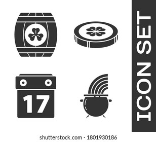 Set Witch cauldron and rainbow, Wooden barrel with four leaf clover, Saint Patrick's day with calendar and Gold coin with four leaf clover icon. Vector
