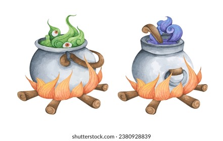 Set of Witch Cauldron, Steel black cauldron with boiling magic potion. Watercolor illustration for Halloween. Use it for postcards, invitations, and scrapbooking.