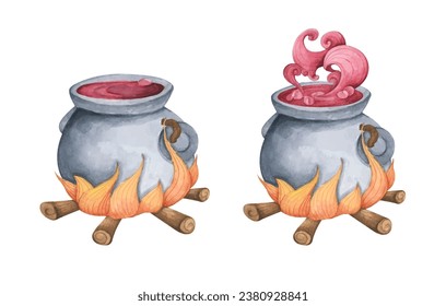 Set of Witch Cauldron, Steel black cauldron with boiling magic potion. Watercolor illustration for Halloween. Use it for postcards, invitations, and scrapbooking.