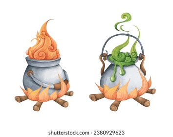 Set of Witch Cauldron, Steel black cauldron with boiling magic potion. Watercolor illustration for Halloween. Use it for postcards, invitations, and scrapbooking.