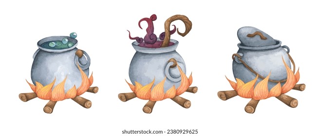 Set of Witch Cauldron, Steel black cauldron with boiling magic potion. Watercolor illustration for Halloween. Use it for postcards, invitations, and scrapbooking.