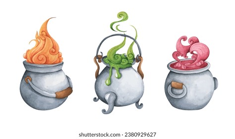 Set of Witch Cauldron, Steel black cauldron with boiling magic potion. Watercolor illustration for Halloween. Use it for postcards, invitations, and scrapbooking.