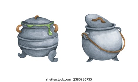 Set of Witch Cauldron, Steel black cauldron with boiling magic potion. Watercolor illustration for Halloween. Use it for postcards, invitations, and scrapbooking.