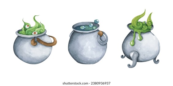 Set of Witch Cauldron, Steel black cauldron with boiling magic potion. Watercolor illustration for Halloween. Use it for postcards, invitations, and scrapbooking.