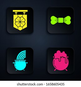 Set Witch cauldron, Street signboard with four leaf clover, Witch cauldron and rainbow and Bow tie. Black square button. Vector