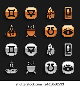 Set Witch cauldron, Tarot cards, Masons, Life, Poison in bottle, Magic stone, Gemini zodiac and Earth element icon. Vector