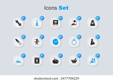 Set Witch cauldron, Voodoo doll, Burning candle, Magic powder, Hand holding fire, Rabbit with ears, Bow tie and runes icon. Vector