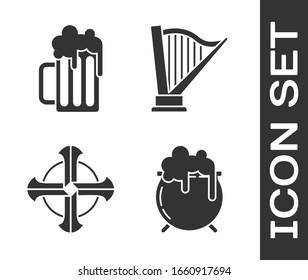 Set Witch cauldron, Wooden beer mug, Celtic cross and Harp icon. Vector