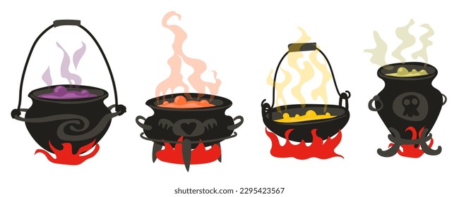 A set of witch cauldrons with boiling colored potions. Ancient varieties of boilers with stand over the fire. Old witch boilers on three legs and suspended with steam. Isolated vector illustration