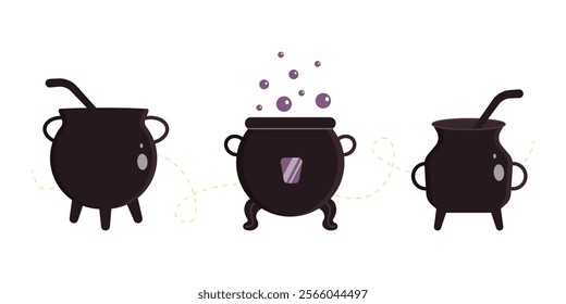 Set of witch cauldrons with boiling liquid, Halloween decoration elements and stickers. Vector illustration