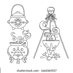 Set of witch cauldrons in modern hand drawing style. Collection of vintage steaming pentagram caldrons with cover and legs. Hag's old tripod pot, smoke above. isolated vector illustration