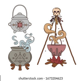 Set witch cauldrons in modern hand drawing style, muted colors. Collection of vintage steaming pentagram caldrons with cover and legs. Hag's old tripod pot, smoke above. Brew potion, isolated vector