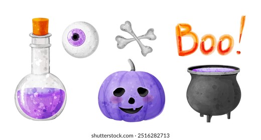 Conjunto de elementos de switch para o design de Halloween. Ilustração em aquarela vetorial de caldeirão, poção, olho, abóbora, ossos