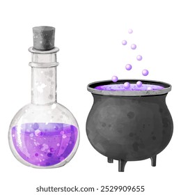 Set of witch elements for Halloween design.Vector watercolor illustration