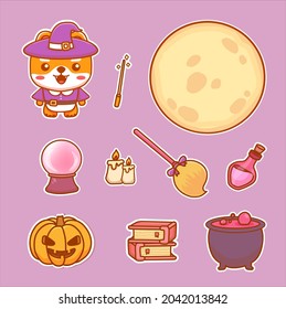 Conjunto de stickers de elementos brujos para la fiesta de halloween. Perro como bruja, luna llena, varita mágica, poción, escoba flyng.