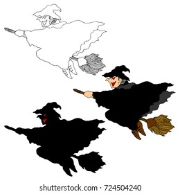 set witch flying halloween night party vector hand drawn