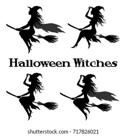 Set Witch Flying on Broom, Picture for Holiday Halloween, Black Silhouettes Isolated on White Background. Vector