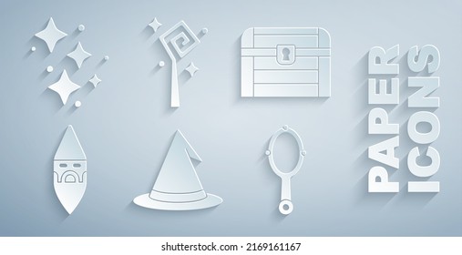 Set Witch hat, Antique treasure chest, Wizard warlock, Magic hand mirror, staff and Sparkle stars with magic icon. Vector