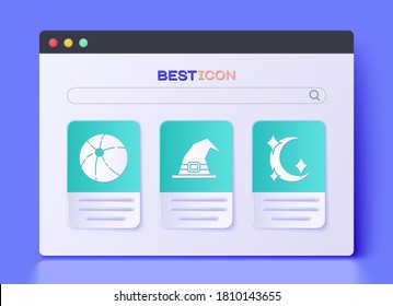 Set Witch hat, Beach ball and Moon and stars icon. Vector