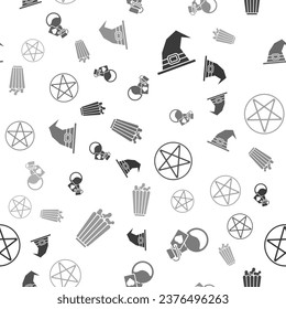 Set Witch hat, Bottle with love potion, Pentagram in a circle and Popcorn in box on seamless pattern. Vector