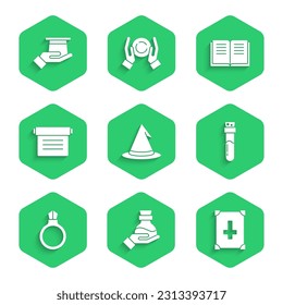 Set Witch hat, Bottle with potion, Ancient magic book, Magic stone ring gem,  and Magician hand icon. Vector