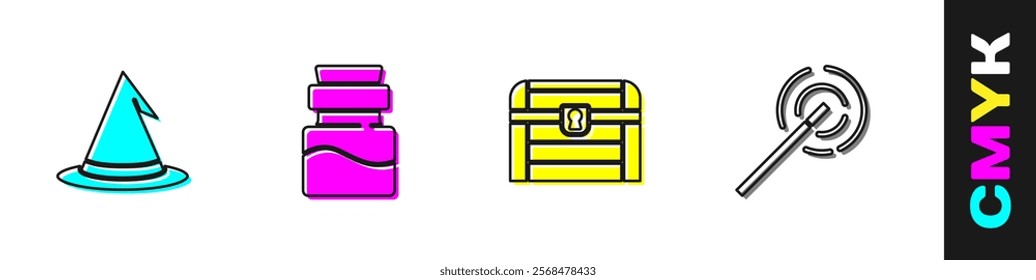 Set Witch hat, Bottle with potion, Antique treasure chest and Magic wand icon. Vector