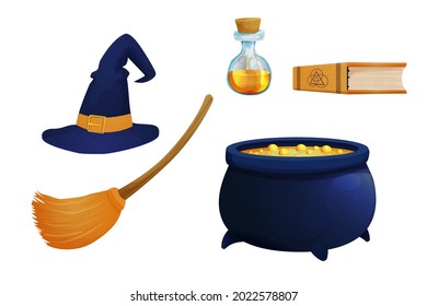 Set witch hat with broom, caldron, poison in bottle and book magic elements in cartoon style isolated on white background. Wizard equipment, fantasy costume. Halloween scary items.