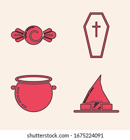 Set Witch hat , Candy , Coffin with christian cross  and Halloween witch cauldron  icon. Vector