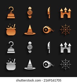 Set Witch hat, Castle, Spider web, Eye, Halloween witch cauldron, Knife, Pirate hook and Candy icon. Vector
