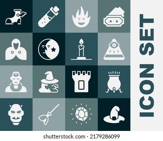 Set Witch hat, cauldron, Masons, Fire flame, Moon and stars, Mantle, cloak, cape, Hermes sandal and Burning candle in candlestick icon. Vector