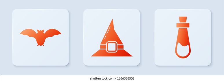 Set Witch hat , Flying bat  and Bottle with potion . White square button. Vector