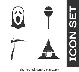 Set Witch hat , Graciosa y aterradora máscara fantasma para Halloween , Scythe y el ícono de Lollipop. Vector