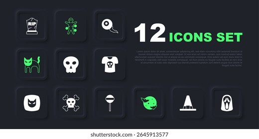 Set Witch hat, Funny and scary ghost mask, Skull, Moon stars, Black cat, crossbones, Voodoo doll and Lollipop icon. Vector