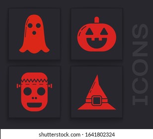 Set Witch hat , Ghost , Pumpkin  and Zombie mask  icon. Vector