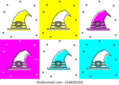 Set Witch hat icon isolated on color background. Happy Halloween party.  Vector Illustration