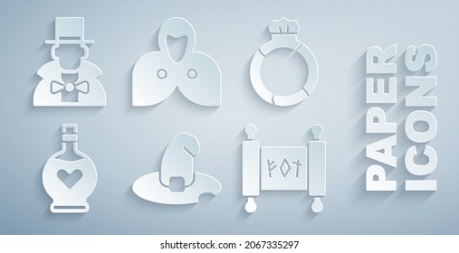 Set Witch hat, Magic stone ring with gem, Bottle love potion, scroll, Mantle, cloak, cape and Magician icon. Vector