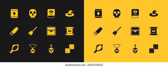 Set Witch hat, Medallion on chain with eye, Antique treasure chest, Burning candle skull, Witches broom, Ancient magic book, Magic carpet and Skull icon. Vector