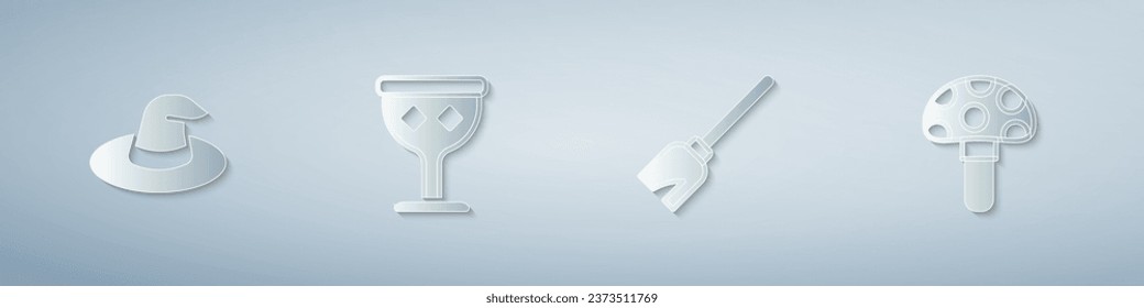 Set Witch hat, Medieval goblet, Witches broom and Psilocybin mushroom. Paper art style. Vector