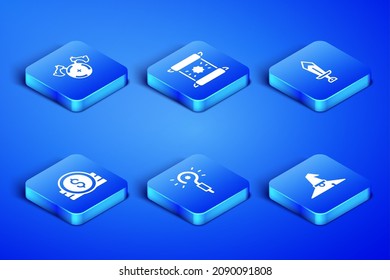 Set Witch hat, Medieval shield with axe, Magic wand, Ancient coin, Decree, parchment, scroll and Sword for game icon. Vector
