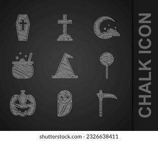 Set Witch hat, Owl, Scythe, Lollipop, Pumpkin, Halloween witch cauldron, Moon and stars and Coffin with cross icon. Vector