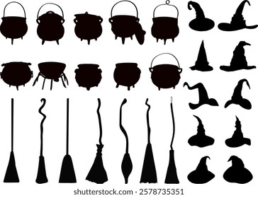 set witch hat, potion cauldron, witch broom black silhouette vector