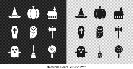 Conjunto Sombrero de bruja, calabaza, castillo, fantasma, escoba de bruja, piruleta, ataúd con cruz e icono de búho. Vector