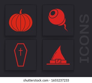 Set Witch hat , Pumpkin , Eye  and Coffin with christian cross  icon. Vector
