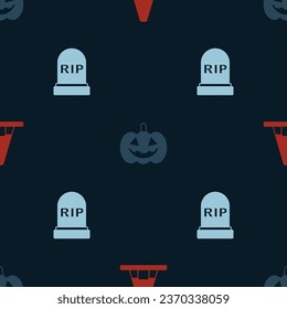 Set Witch hat, Pumpkin and Tombstone with RIP written on seamless pattern. Vector