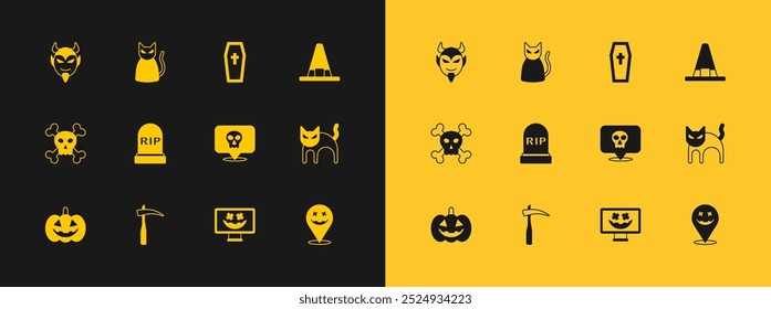 Set Witch hat, Scythe, Skull, Happy Halloween holiday, Tombstone with RIP written, Coffin christian cross, Devil head and Black cat icon. Vector