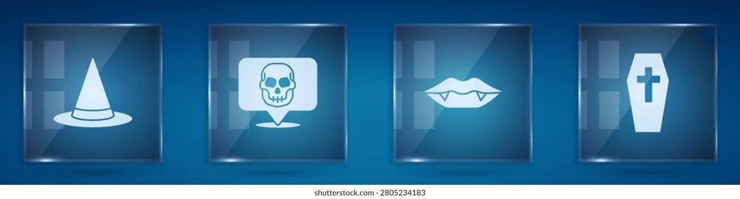 Set Witch hat, Skull, Vampire teeth and Coffin with cross. Square glass panels. Vector