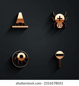 Set Witch hat, Spider, Eye and Lollipop icon with long shadow. Vector