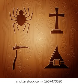 Set Witch hat , Spider , Scythe  and Tombstone with cross  on wooden background. Vector