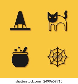 Set Witch hat, Spider web, Halloween witch cauldron and Black cat icon with long shadow. Vector